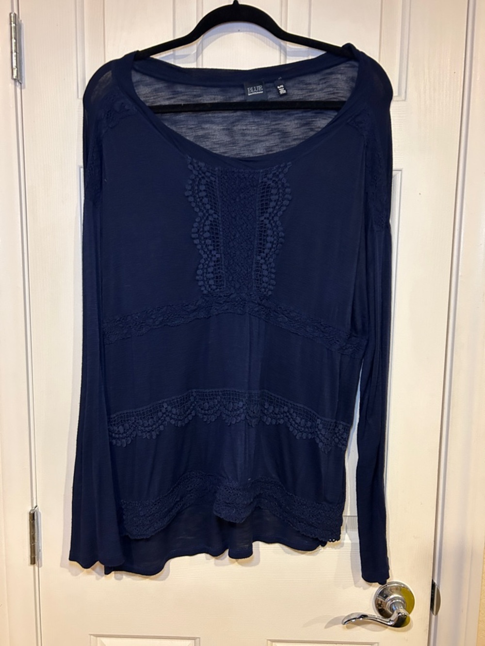 Saks Fifth Avenue Navy Long-Sleeve with Crochet-Trim Top